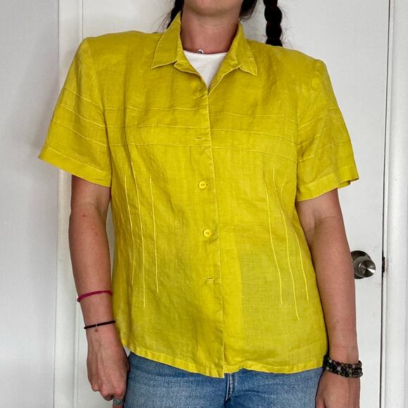 Ann Gerlin 1990s Button Up Linen Blouse Chartreuse Green Short Sleeve Tailored - Picture 4 of 10